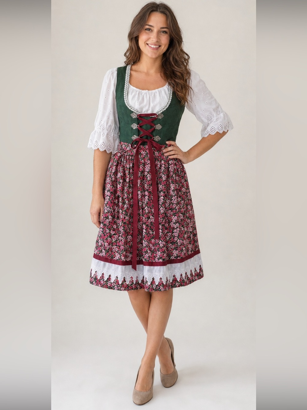 Women’s Green Floral 3-Piece German Dirndl Dress Set Small